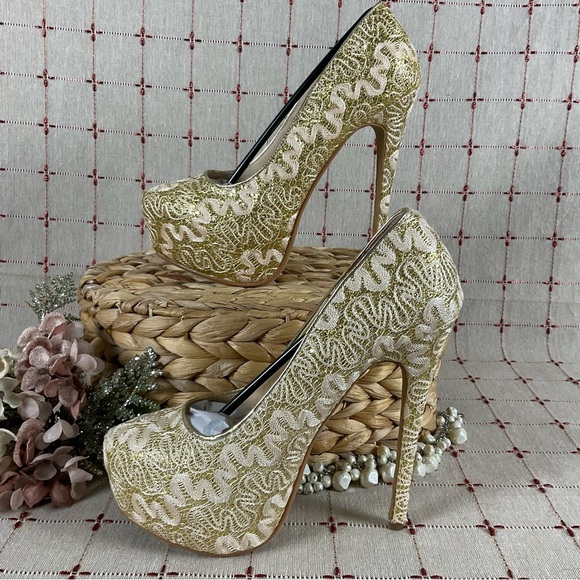 LaSonia Golden Glitter Ribbons Ultra High Platform Stilettos New Sz 7 Heels - Picture 6 of 7